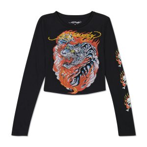 Rhinestone Flaming Tiger Long Sleeve Baby Tee